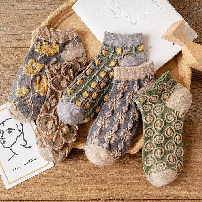 Women 5 Pair Vintage Ethnic Style Floral Socks Set