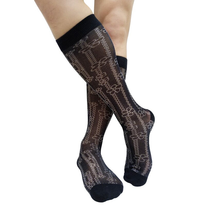 Men Shiny Knee High Floral Casual Socks